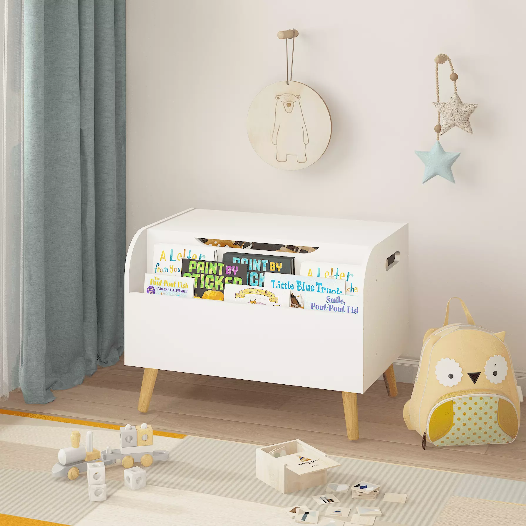 GeeHome Wooden Toy Box Kids Toy Storage Organizer Front Bookshelf Flip-Top Lid Safety Hinge Toy Chest Bench