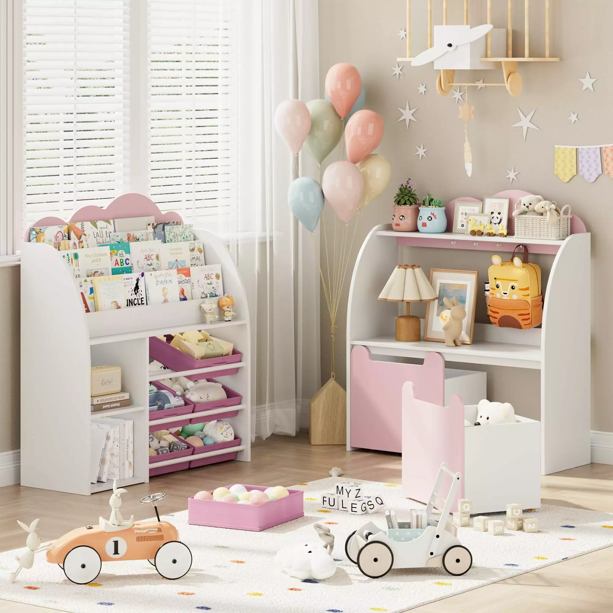 Hiphuta Kid's Toy Storage Organizer - Toddler Bookshelf 6 Bins & 2 Removable Drawers - Book Rack Storage 3 Tiers - White Pink