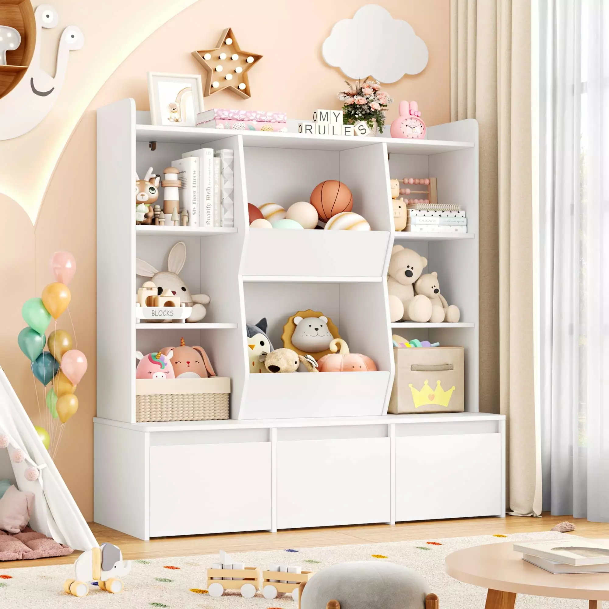 Hiphuta Kids Toy Storage Organizer Wood Toy Organizer 8 Cubes 3 Removable Drawers Childrens Bookcase White