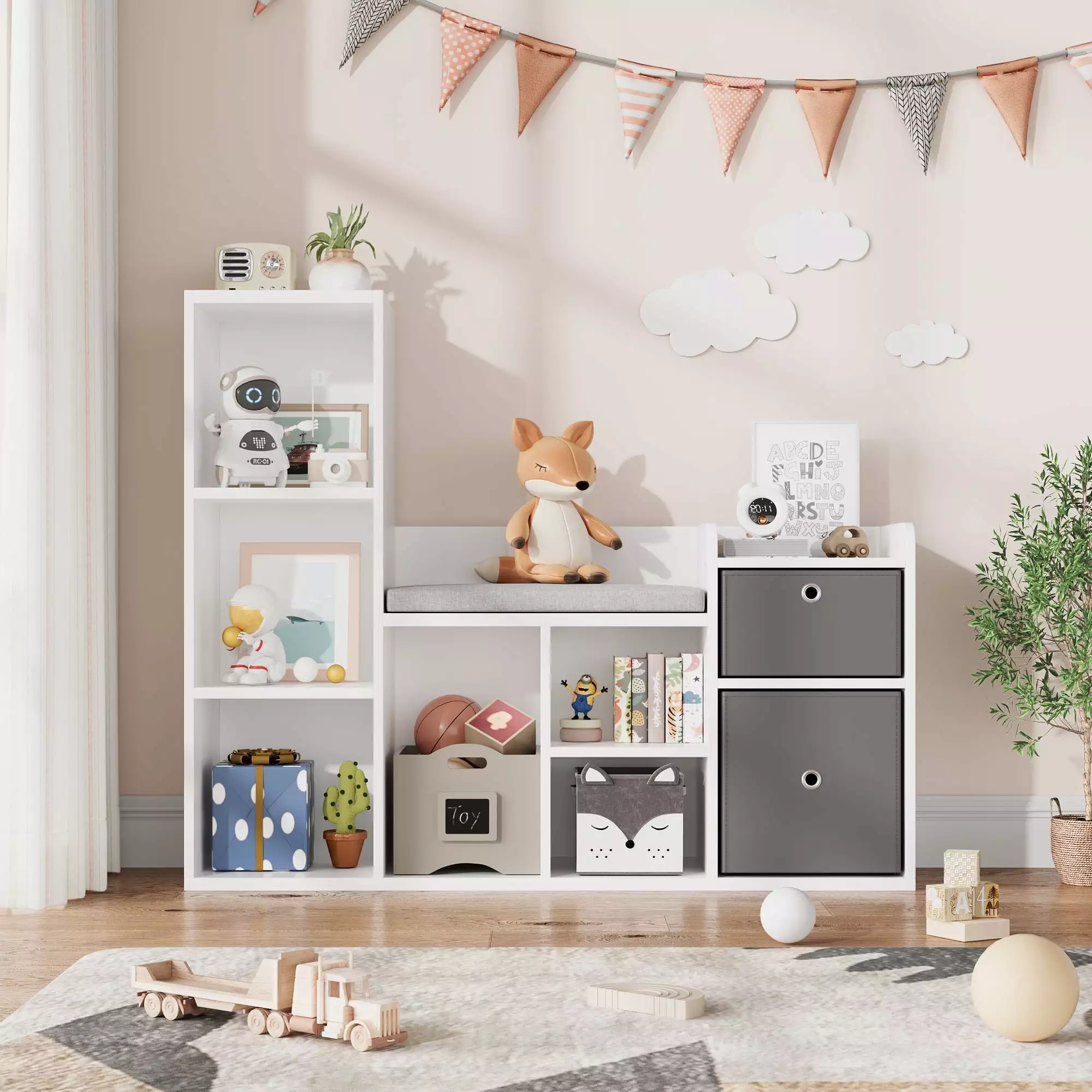 Homhougo Kids Bookshelf Reading Nook 6 Shelves Toy Storage Organizer Bookcase Kids Room Playroom Nursery White