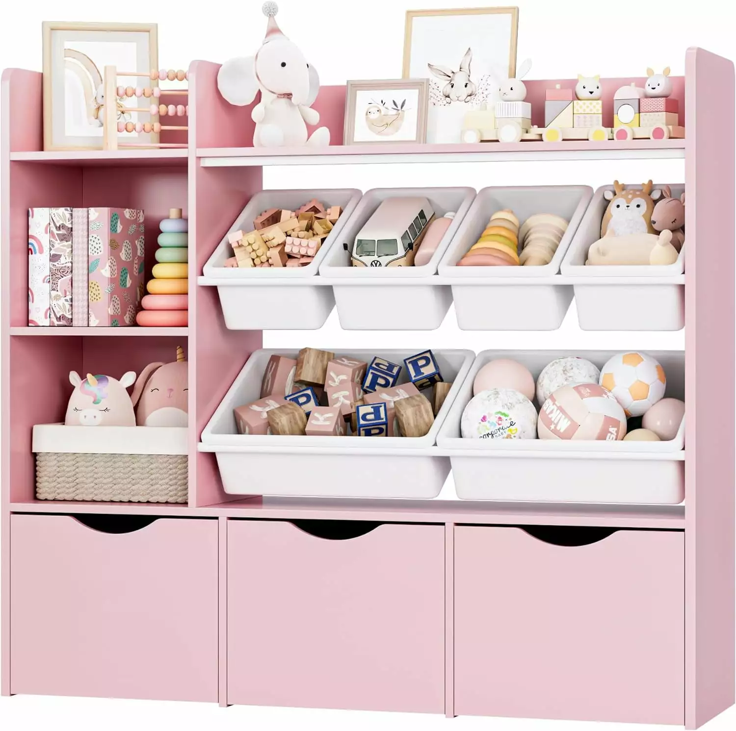 JIAOBAI Toy Storage Organizer 3 Movable Drawers Bookshelf and Bookcase 6 Plastic Bins 2 Storage Cubbies Toy Chest Hidden W...