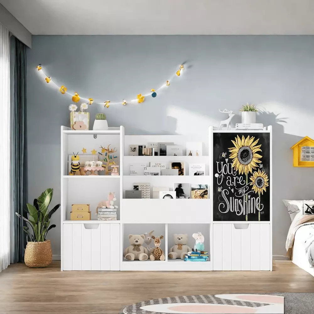 Toy Storage Organizer 2 Movable Drawers Kids Bookshelf Blackboard 6 Cubbies Multifunctional Bookcase MIDODO