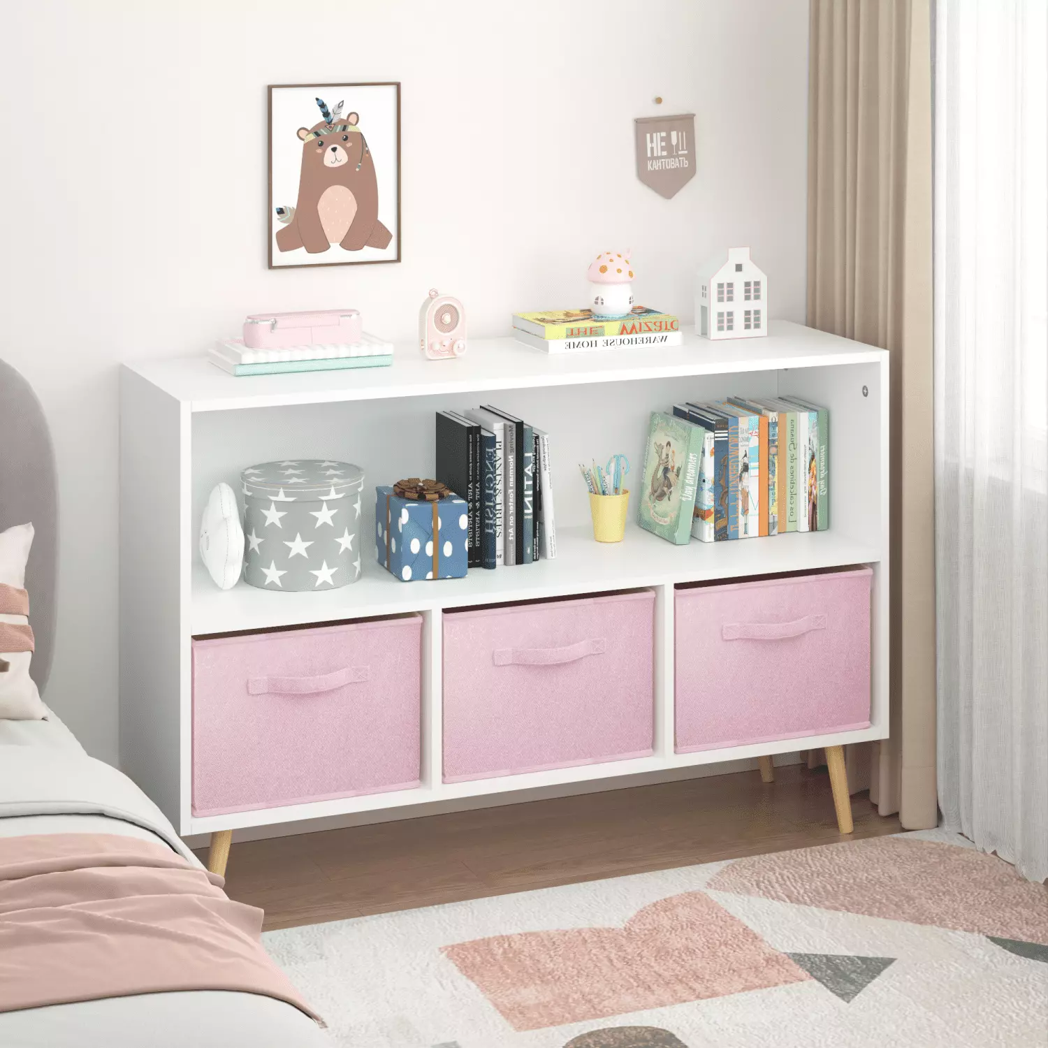 MISSUNNY Kids Bookcase Children's Book Display Toy Storage Cabinet Organizer Collapsible Fabric Drawers
