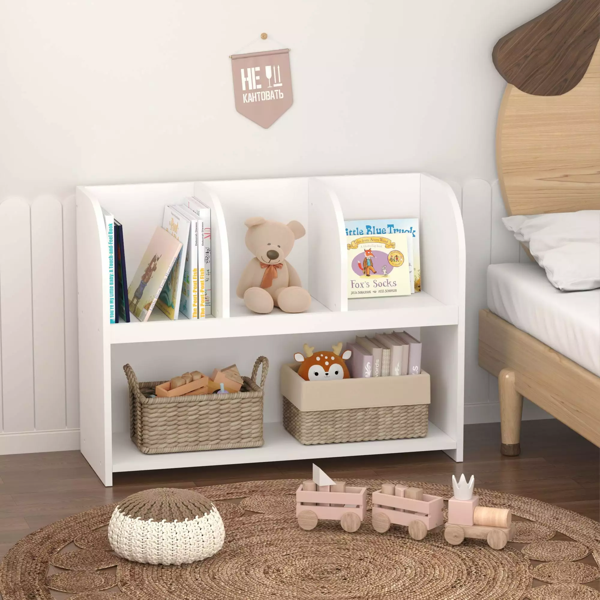 Sesslife Kids Bookcase and Toy Storage Nursery Book Shelves 4 Compartments Cute Kids Book Rack Display Stands White