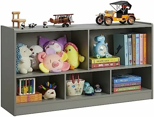 Kids Toy Storage Organizer 5 Section Storage Cabinet Organizing Books Toys Wooden Bookshelf Daycare Furniture Gray XINZHEN