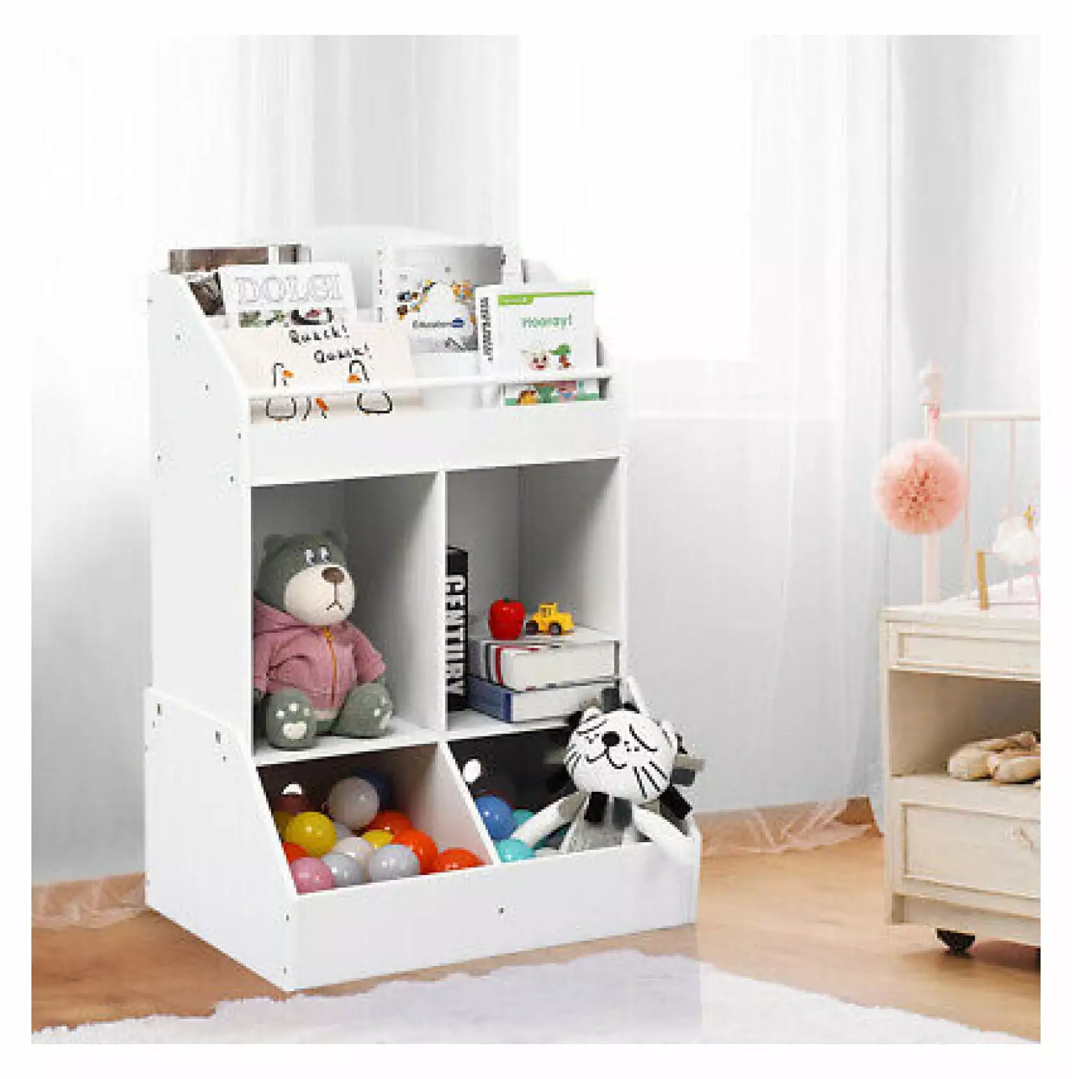 ZHI-22 Kids Bin Toy Storage and Bookcase Organizer Shelf White