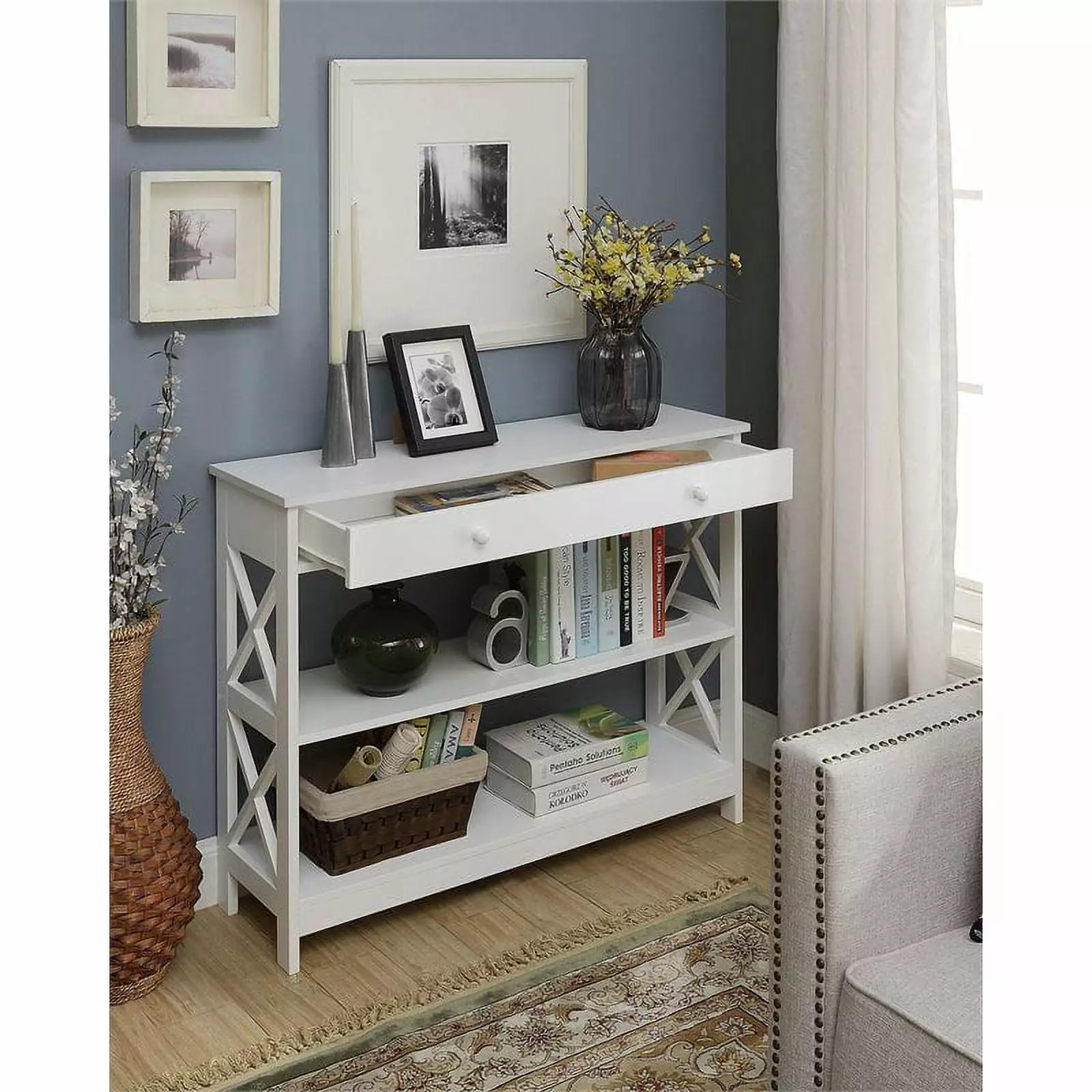 Bowery Hill Console Table Drawer White Wood Finish Console
