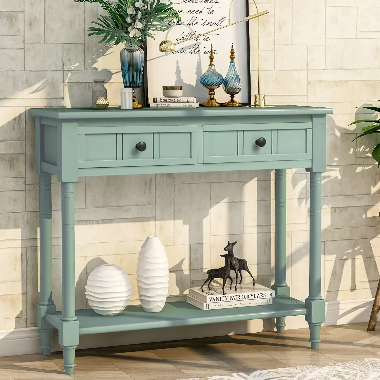 Daisy Series Console Table Traditional Design Two Drawers and Bottom Shelf Retro Blue - Classic Entryway Table Console GUT...
