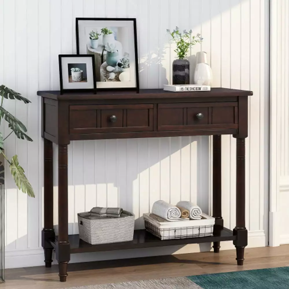Console Table Traditional Design Two Drawers and Bottom Shelf Espresso Console Hypeshops