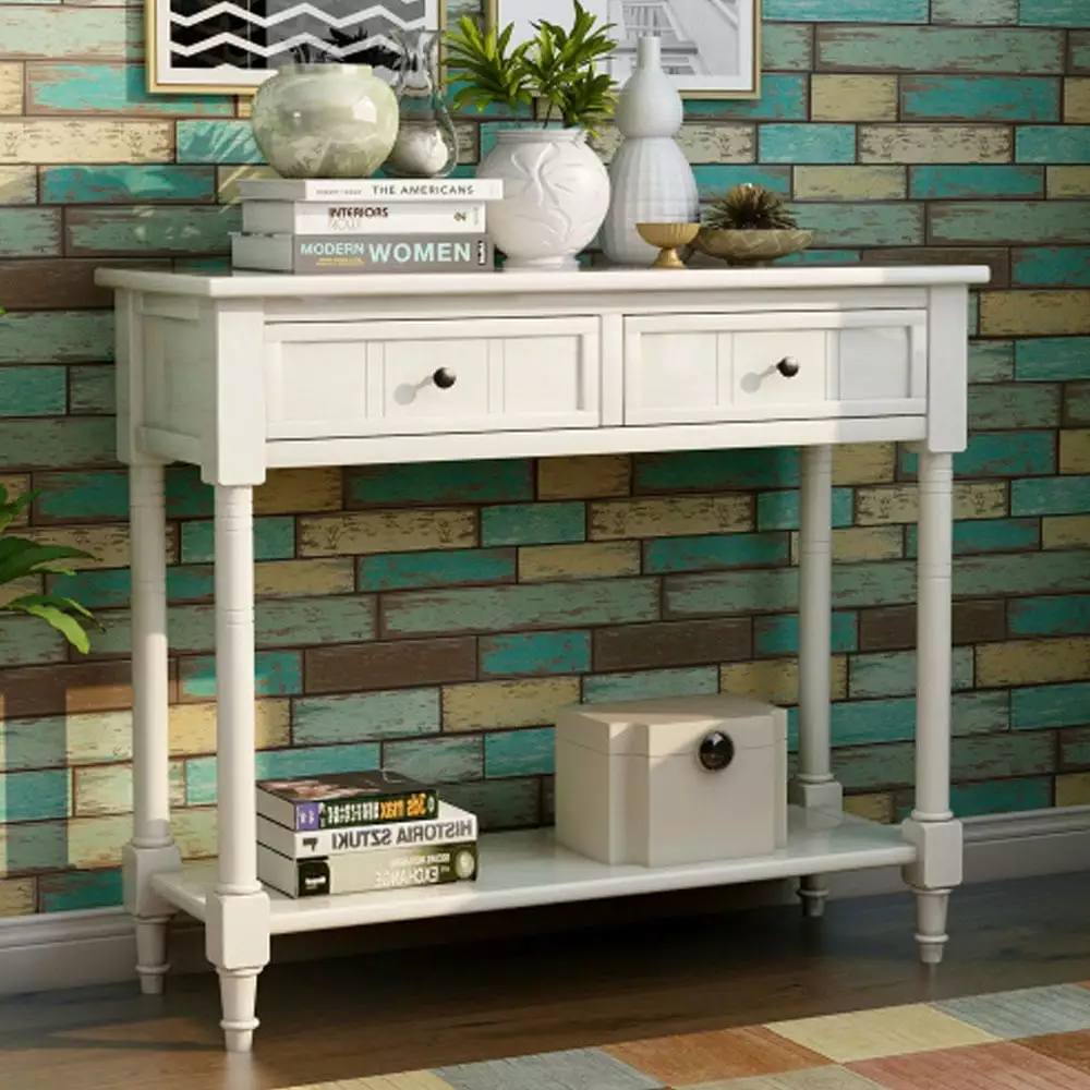 Console Table Traditional Design Two Drawers and Bottom Shelf Ivory White Console Hypeshops