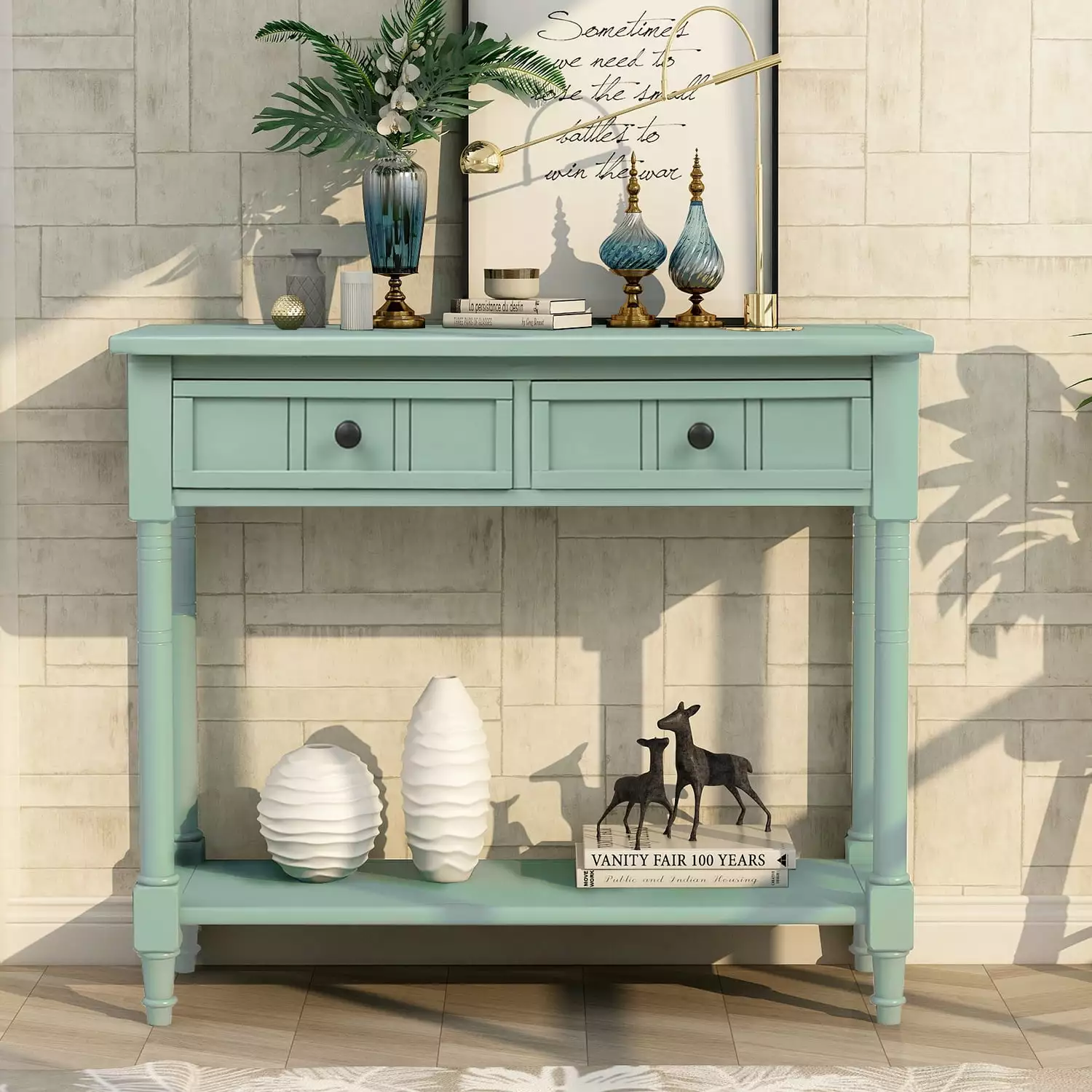 Solid Wood Console Table Two Drawers and Storage Shelf Traditional Navy Entryway Table Console INCLAKE
