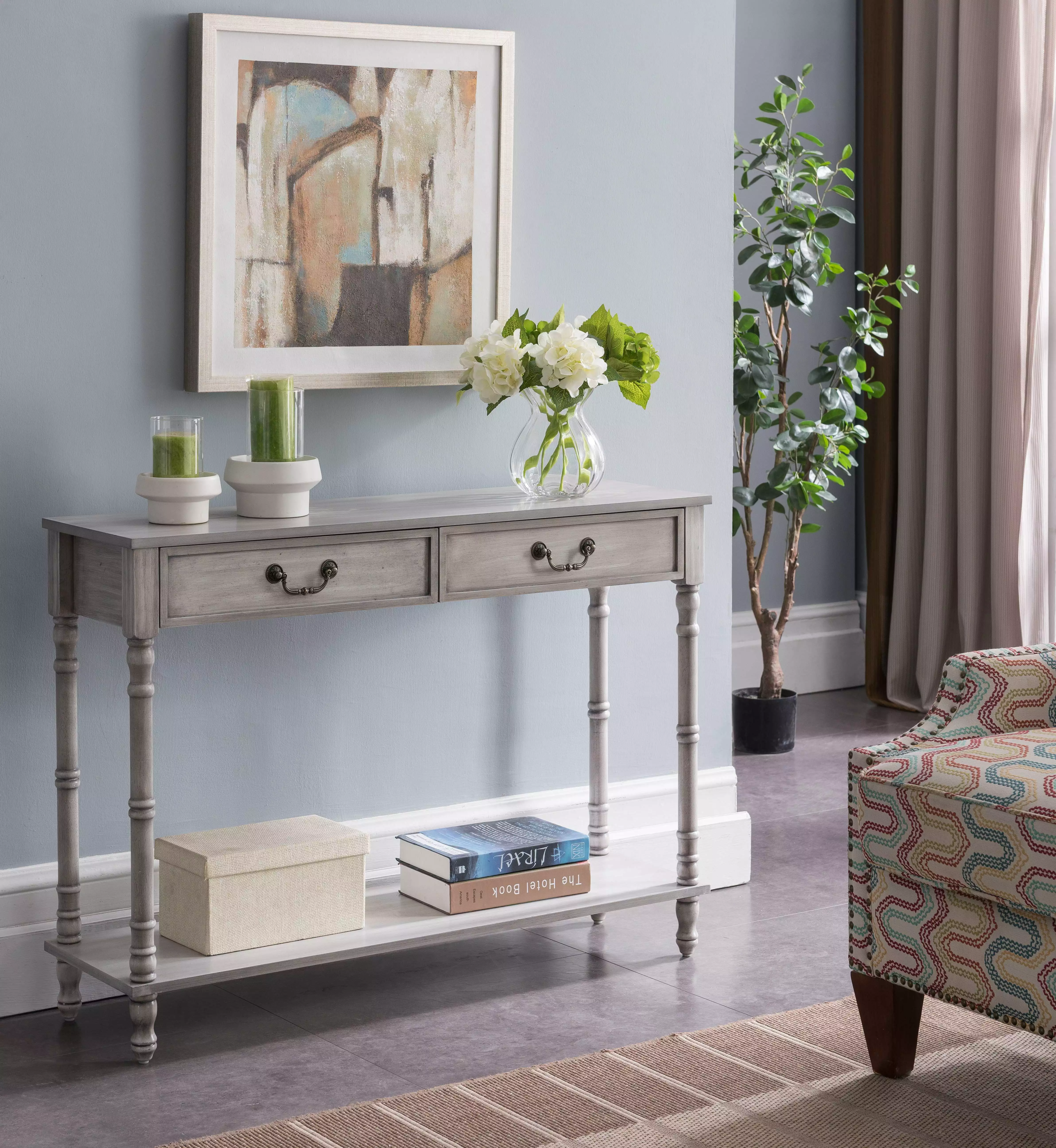 Kings Brand Furniture Traditional 2-Drawer Console Table Lower Shelf Washed Oak Console