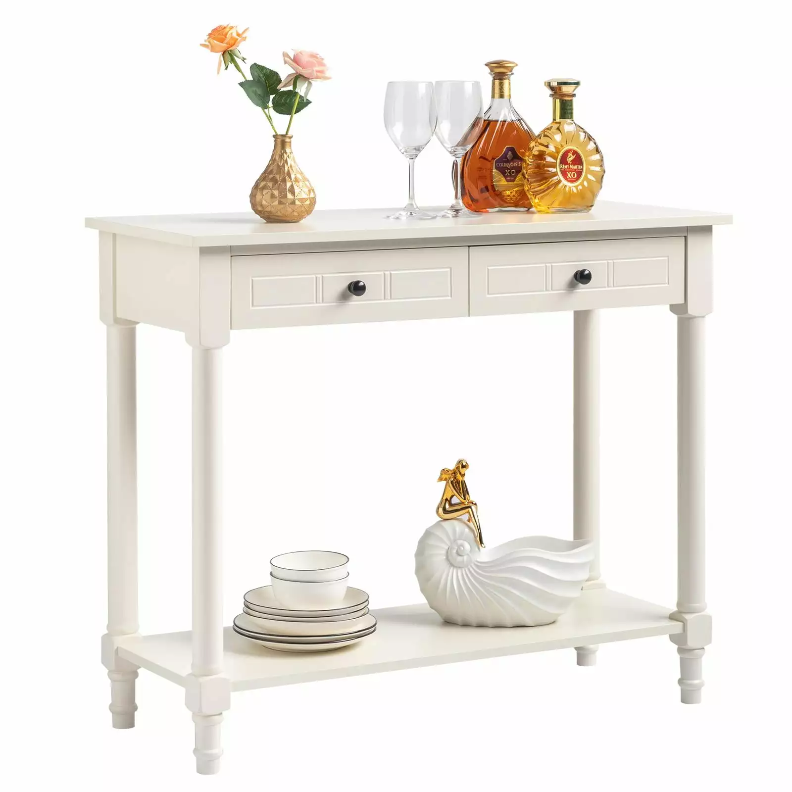 SamyoHome Console Table Entryway Table Sofa Table Living Room Table 2 Drawers and Bottom Shelf Storage Ivory White Console