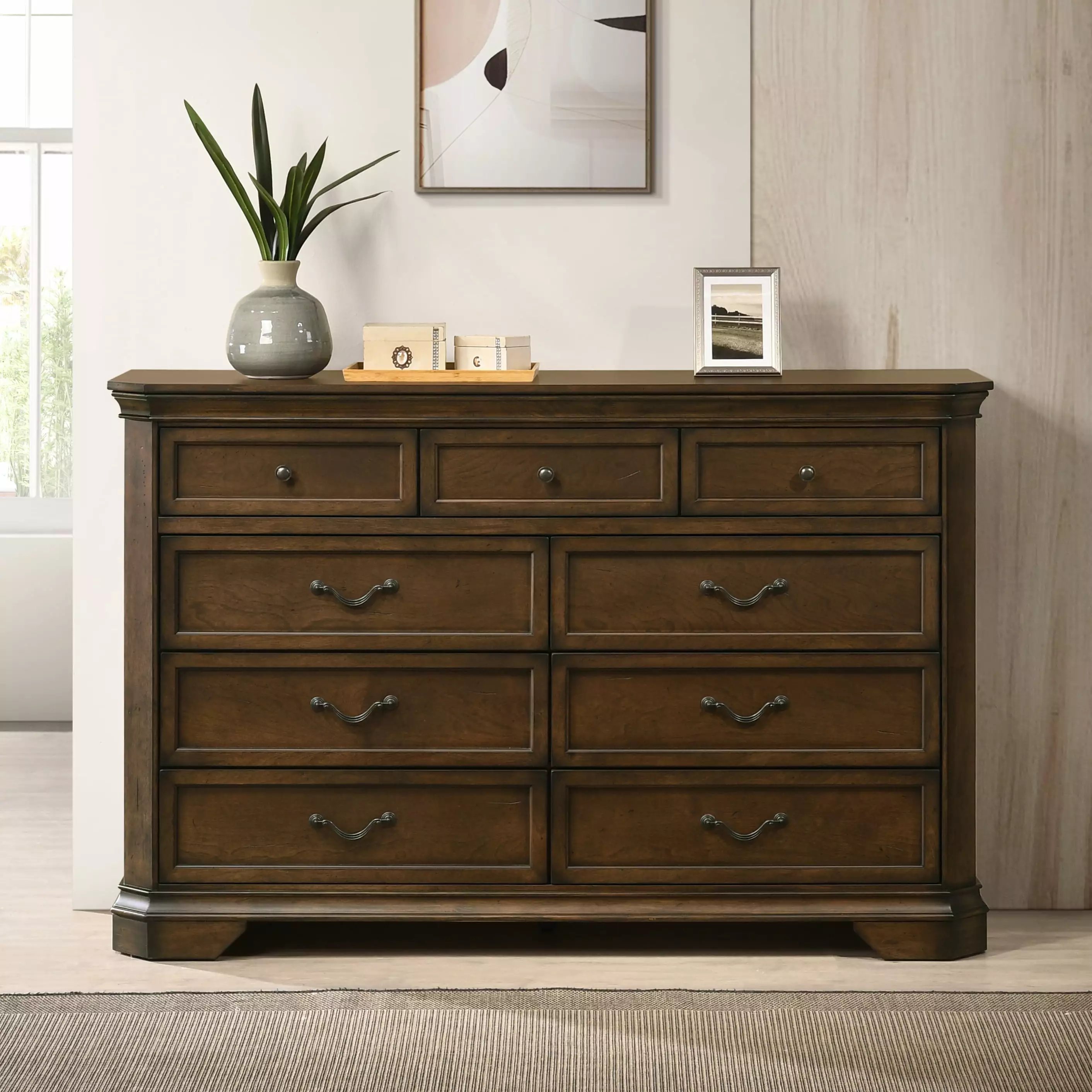 Maderne Traditional Wood 9-Drawer Dresser Antique Walnut Finish Vintage Storage Roundhill Furniture