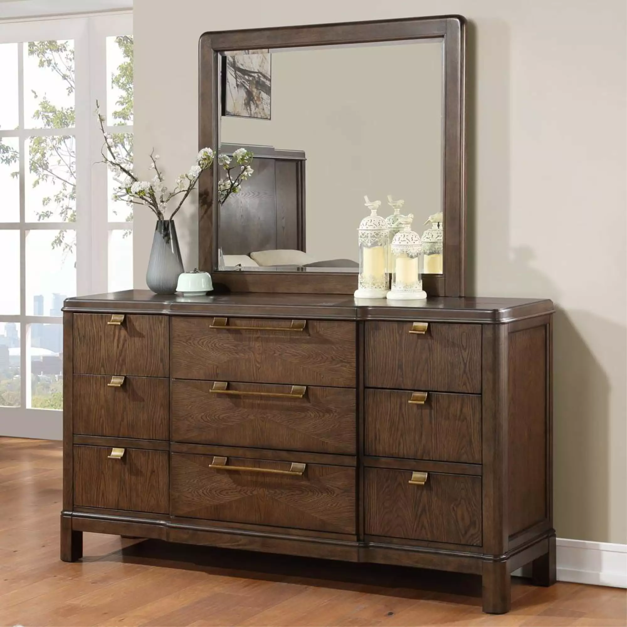 Milan Walnut Brown Wood 9-Drawer Dresser Traditional Bedroom Storage Steve Silver Company