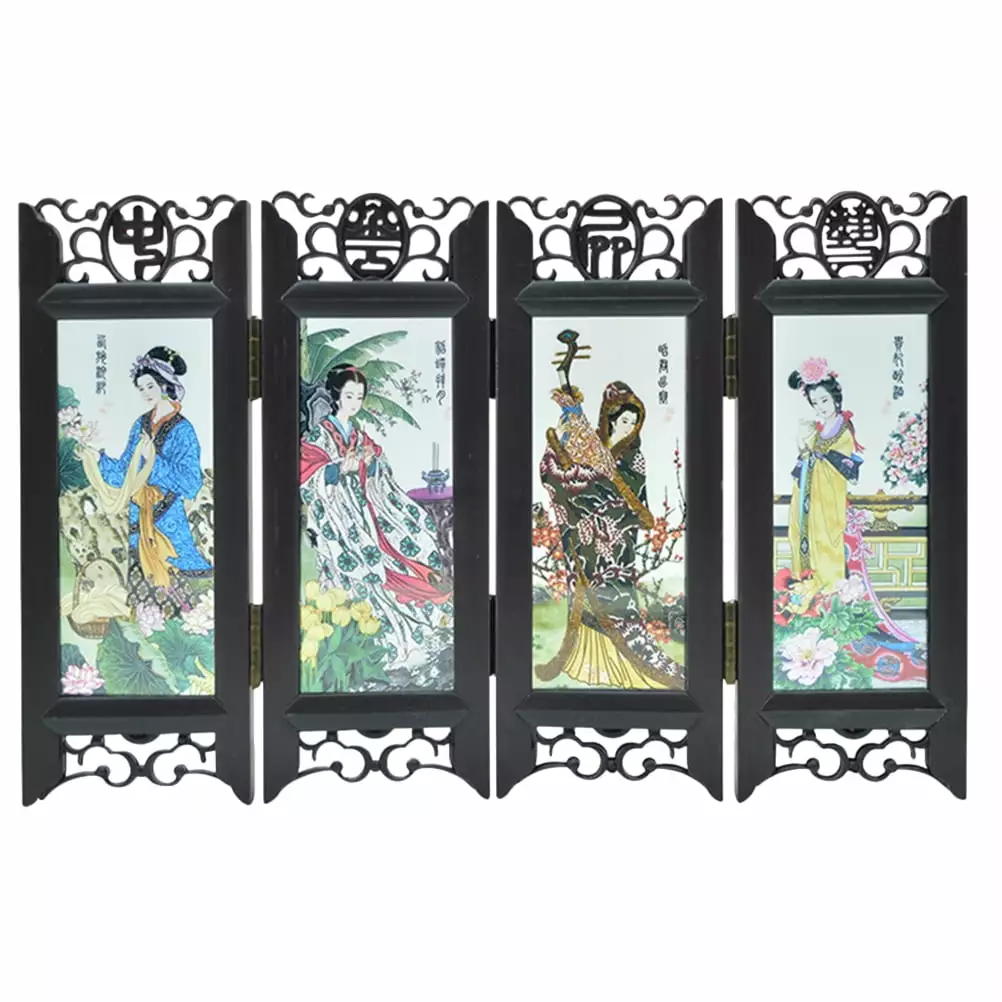 Chinese Style Retro Resin Panel Four Great Beauties Folding Room Divider Screen Homemaxs