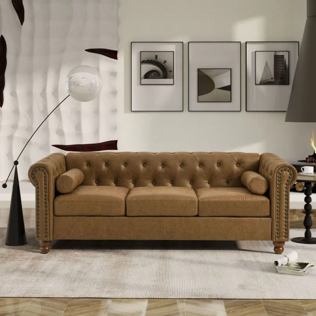Classic Traditional Brown Tufted Fabric Sofa High-Tech Surface Living Room CNCJ