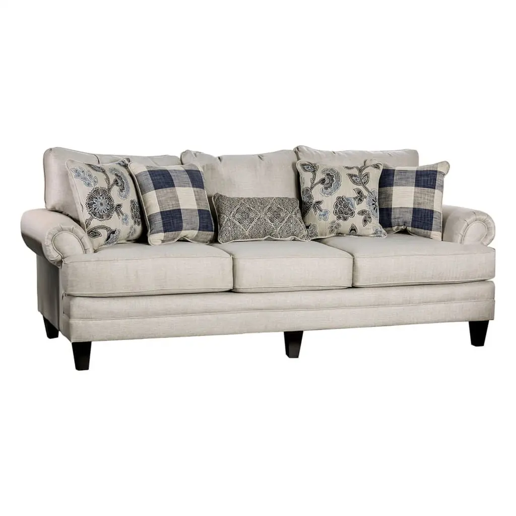 Furniture America Calistoga Transitional Ivory Fabric Rolled Arms Sofa