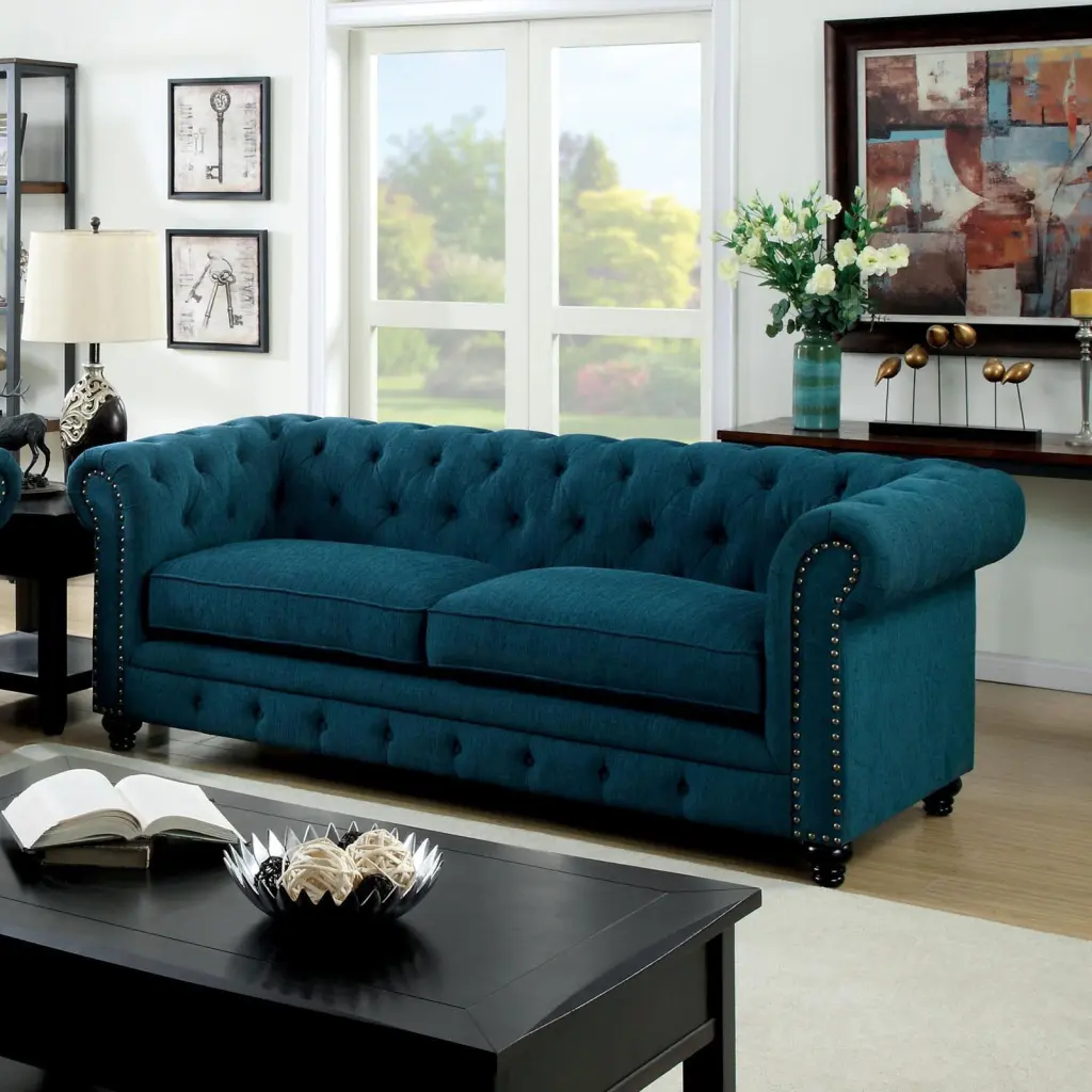 Traditional Fabric Upholstery Sofa Turquoise Stanford Furniture America - Vintage Sofa Button Tufting