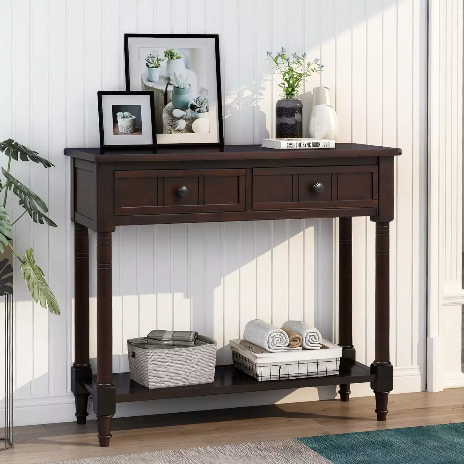 TREXM Daisy Series Console Table Traditional Design Two Drawers Bottom Shelf Ivory White Console IM Lashes