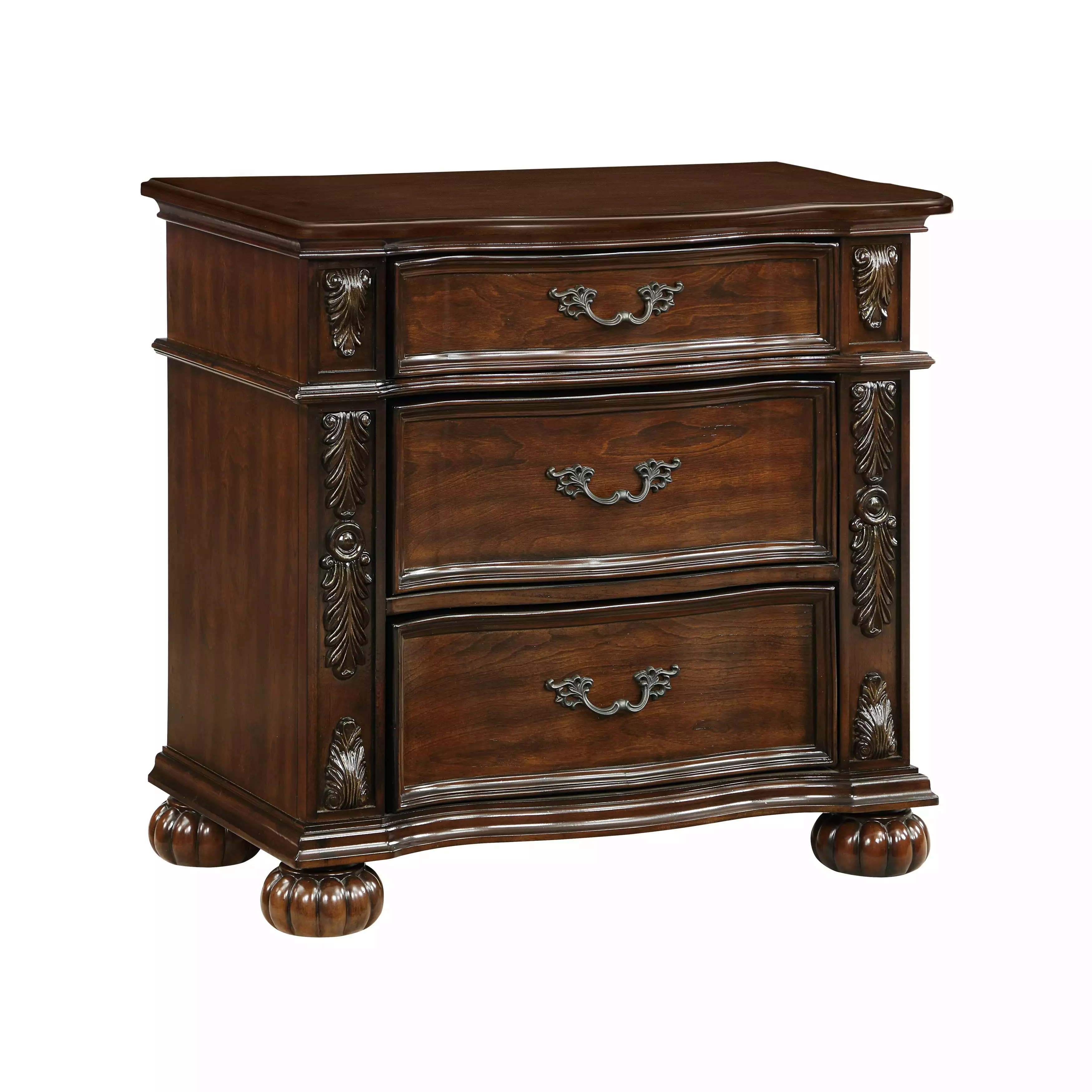 Timeless Traditional Nightstand 3 Drawers Cherry Finish Carving Wooden Bedroom Furniture Jamini