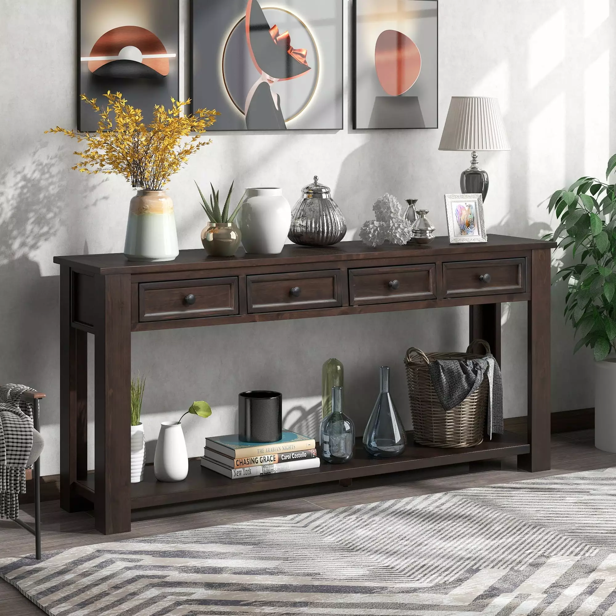 Espresso Console Table Storage Drawers and Bottom Shelf Entryway Console Miekor