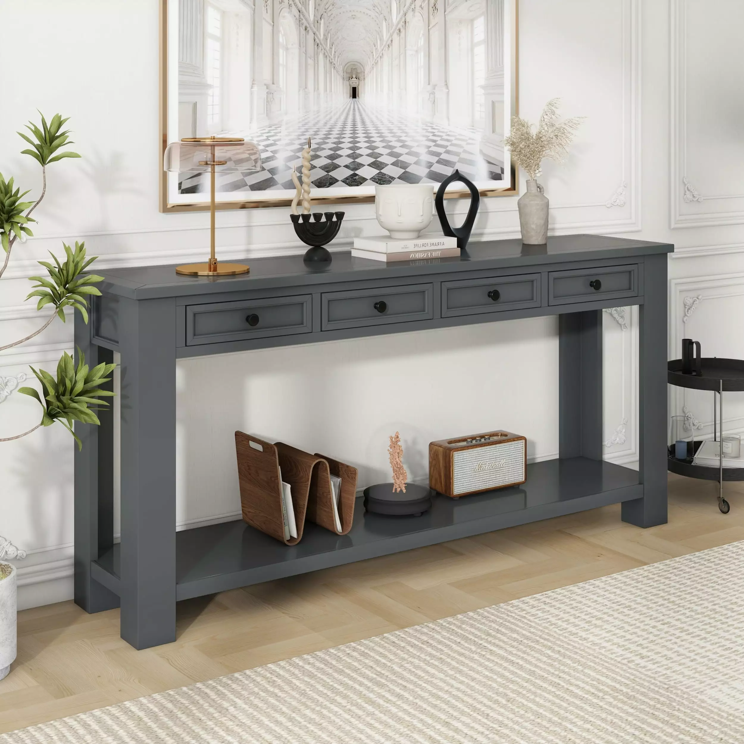 Tan Console Table Storage Drawers and Bottom Shelf Hallway Console Miekor