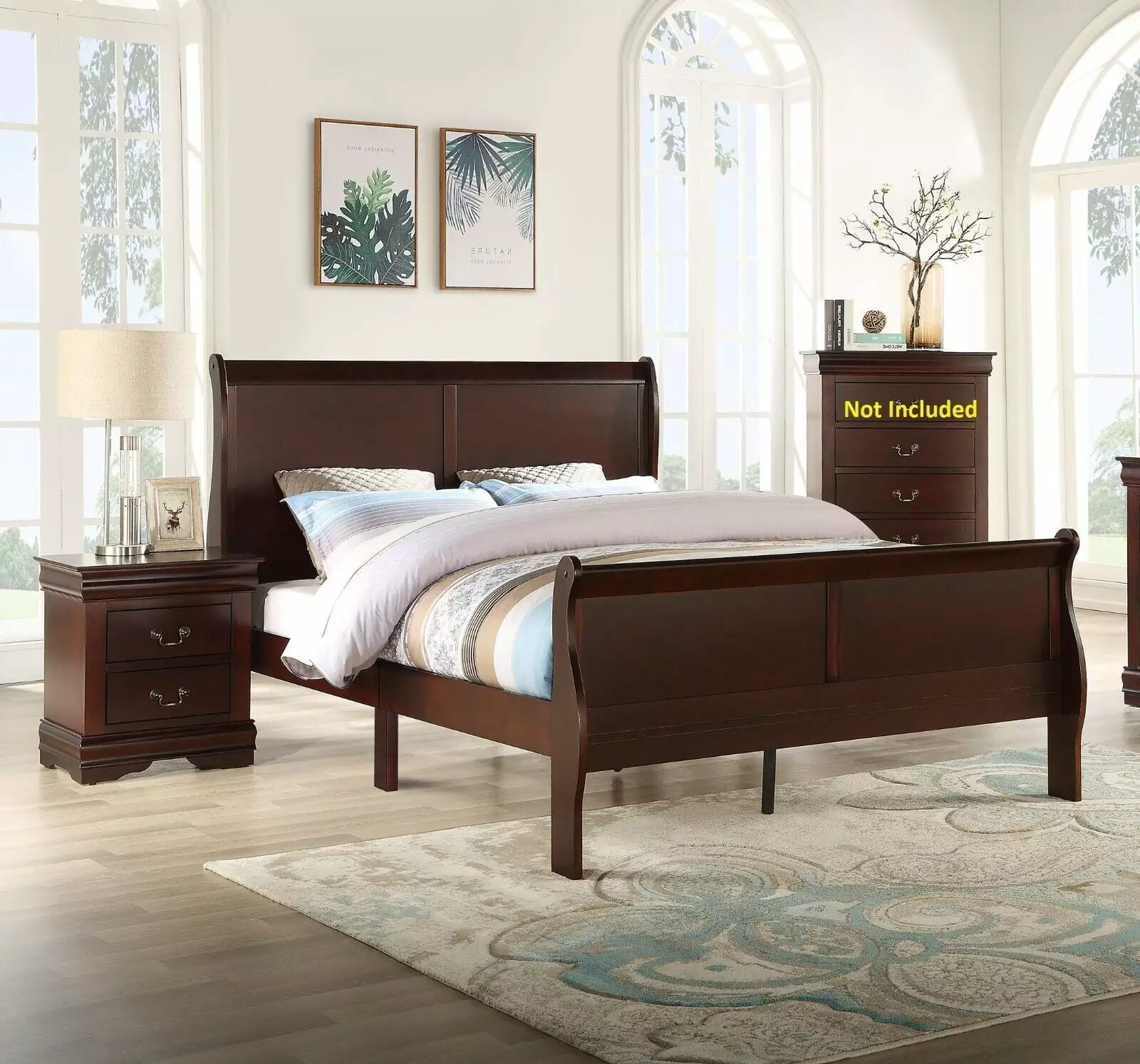 3pc Louis Philip Gatherion Transitional Full Size Panel Bed 2 Nightstands - Cherry Brown Finish Wooden Furniture Esofastore