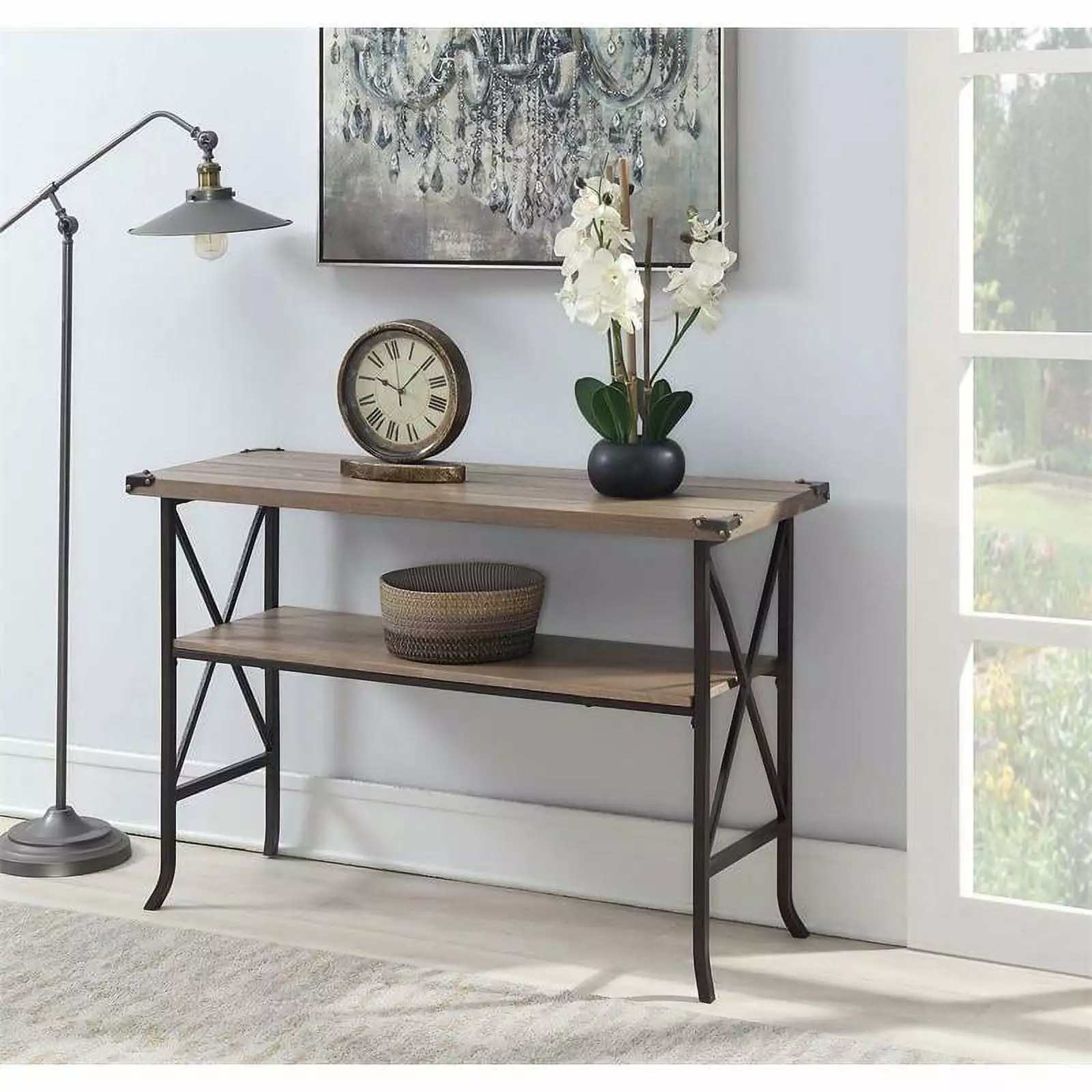 Pemberly Row Transitional Console Table Beige Driftwood Wood Finish Console