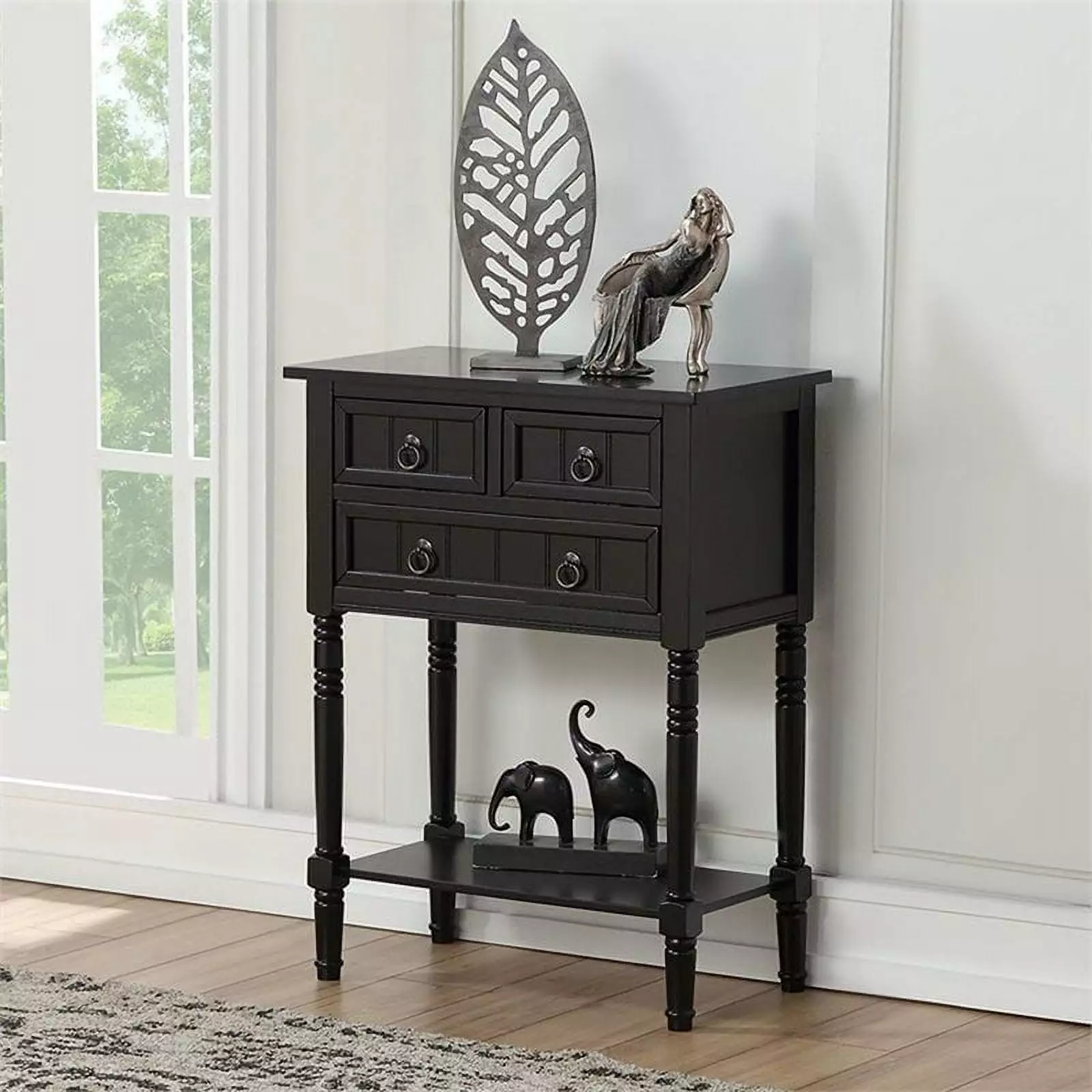 Pemberly Row Transitional Console Table Black Wood Finish Living Room Entryway Console