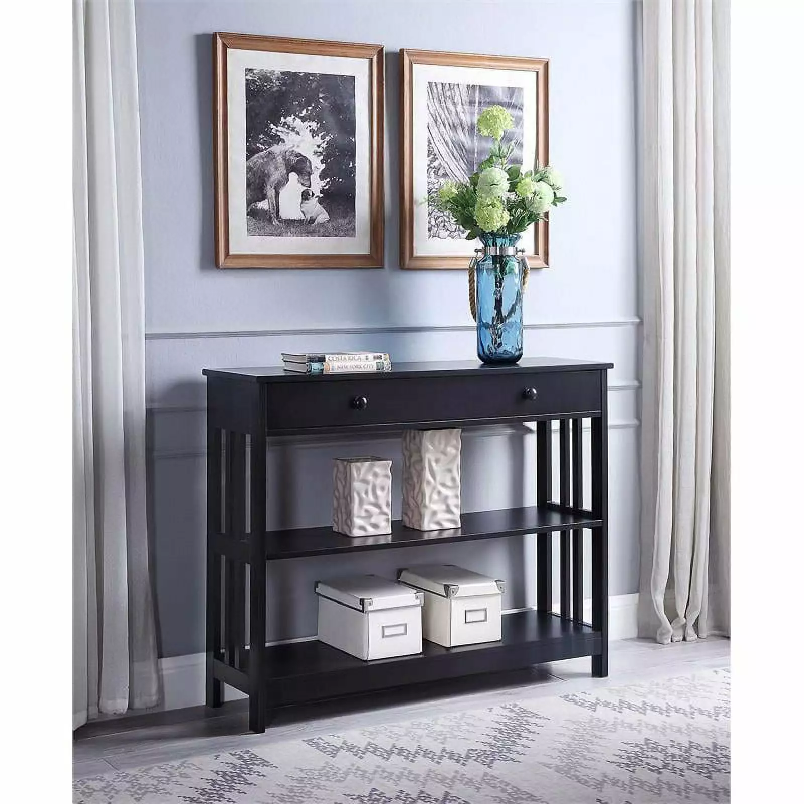 Pemberly Row Transitional Mission One-Drawer Console Table Black Wood Finish Console