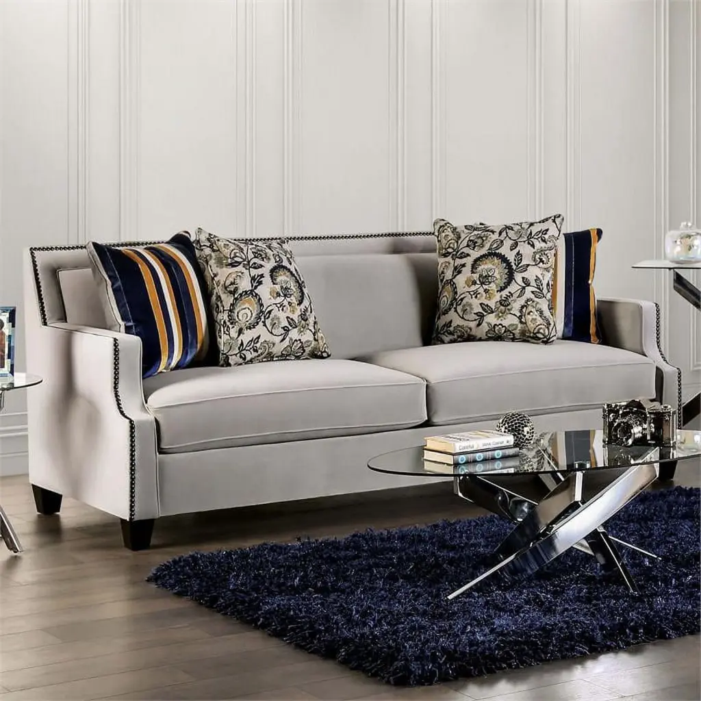 Furniture America Brier Transitional Fabric Nailhead Sofa Light Gray - Classic Living Room Sofa