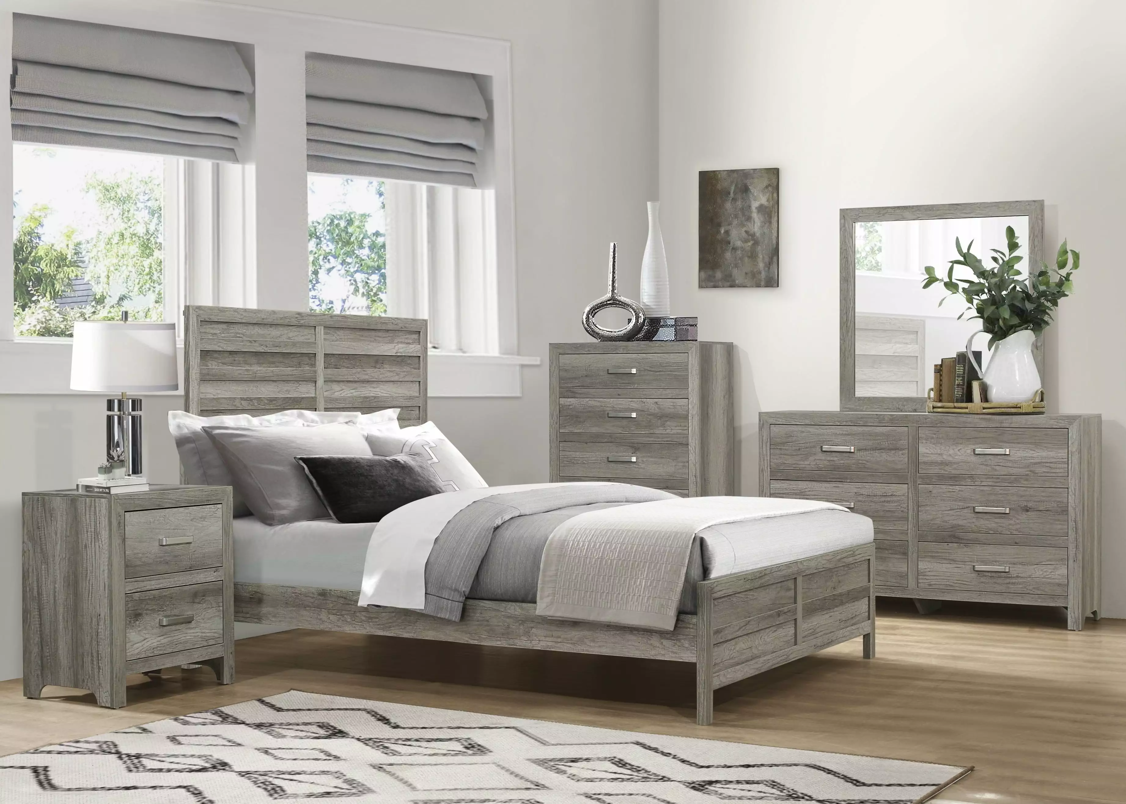 Transitional Aesthetic Design 4pc Set Weathered Gray Finish Eastern King Size Bed Nightstand Dresser Mirror Esofastore
