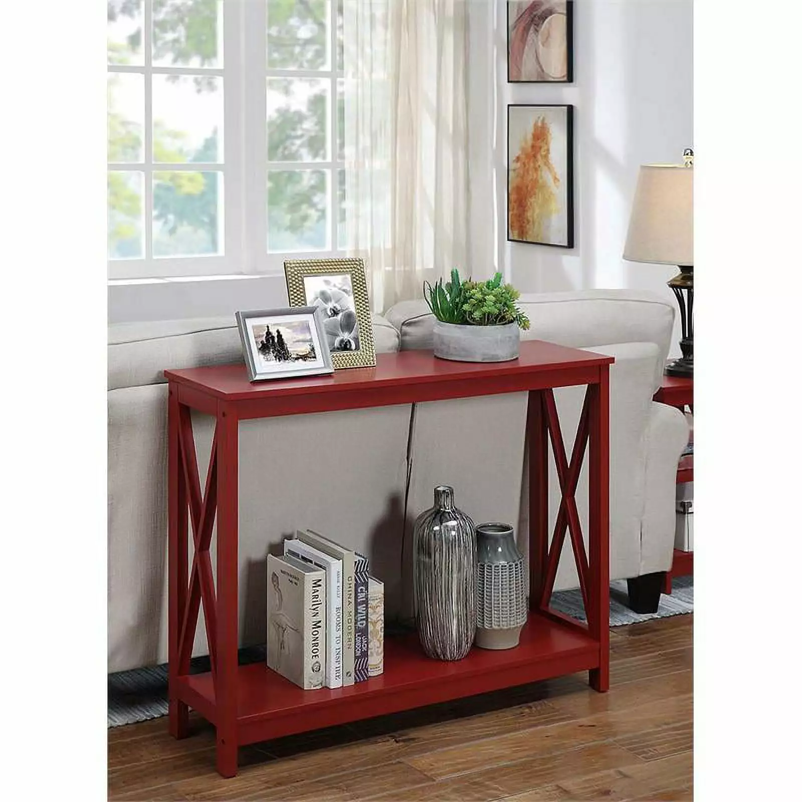 Pemberly Row Transitional Console Table Red Wood Finish - Stylish Entryway Furniture Console