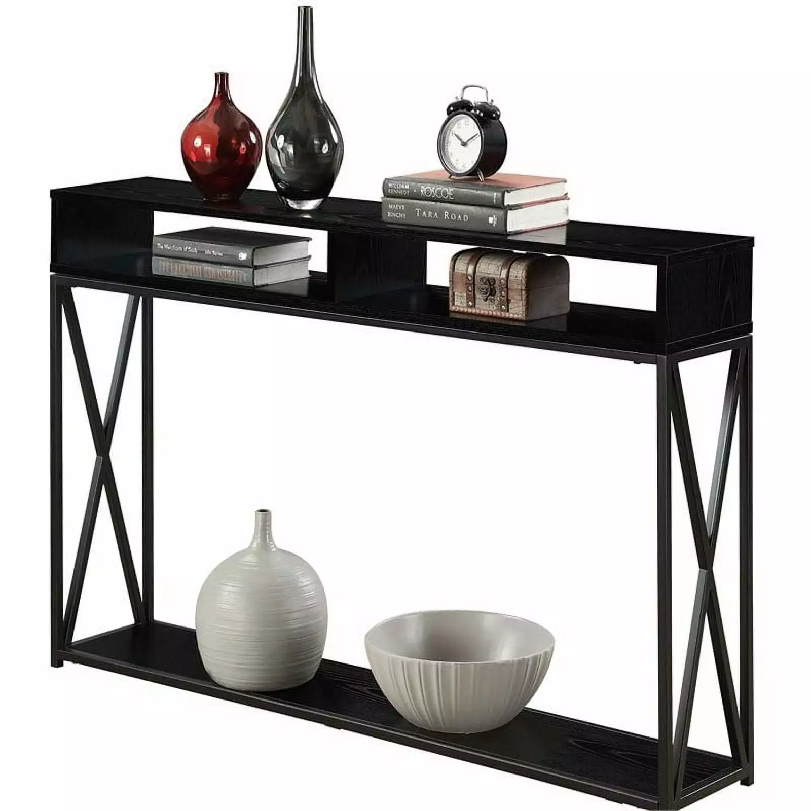 Pemberly Row Transitional Deluxe Two-Tier Console Table Black Wood Finish Entryway Living Room Console