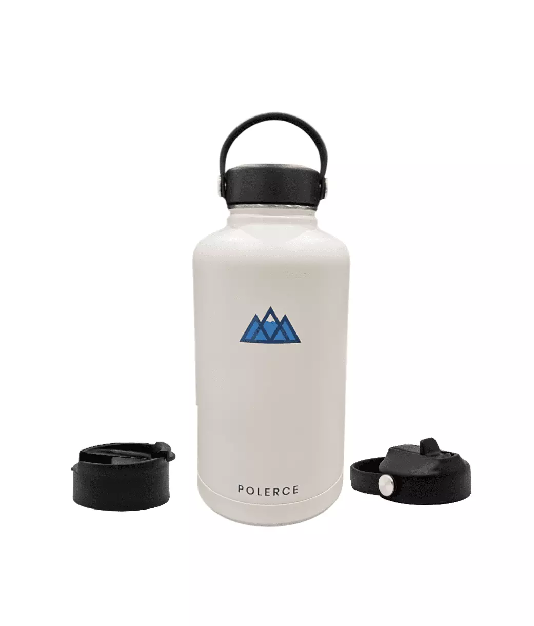 Polorce Vacuum Insulated Bottle 64 fl oz Stainless Steel Flask 3 Lids White