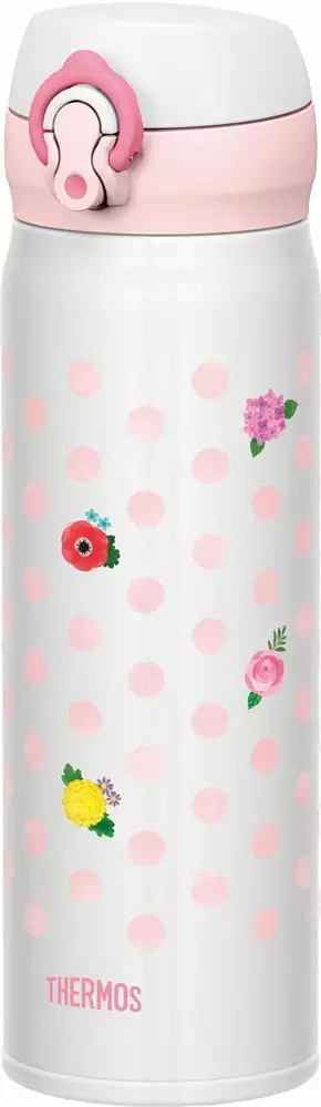 Thermos Water Bottle Vacuum Insulated Mobile Mug One Touch Open 500ml Flower White
