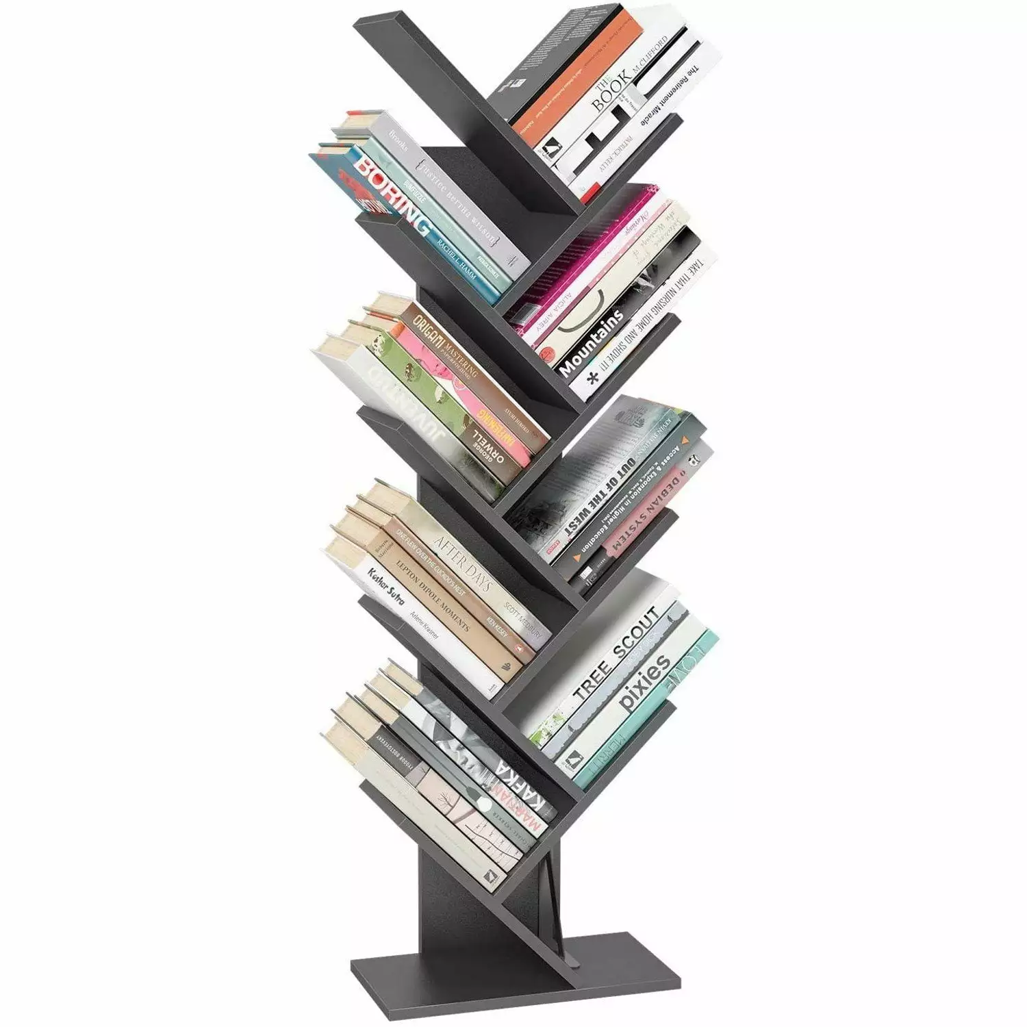 LANTRO JS Modern Storage Rack 9 Tier Tree Bookshelf Floor Bookcase CD Display Rack Gray Finish