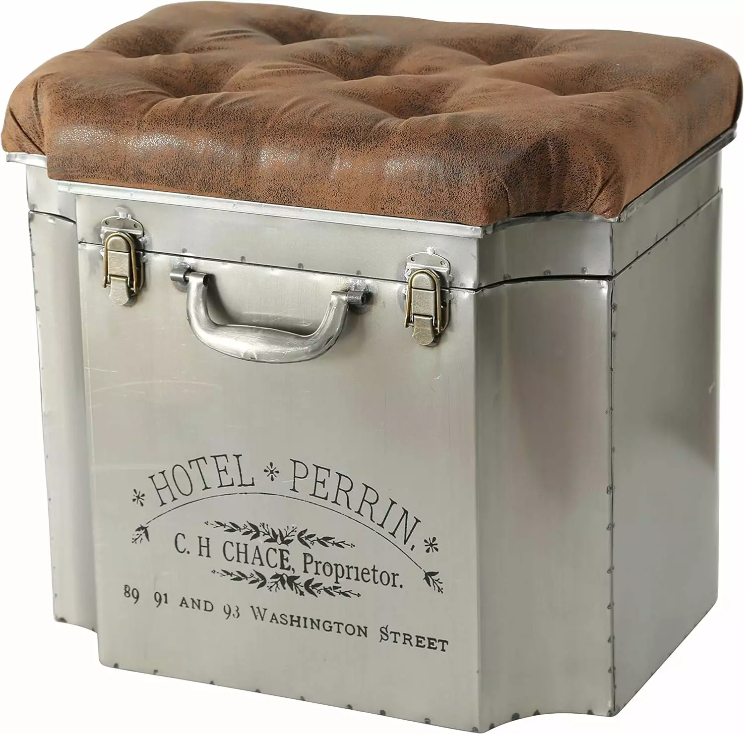Traveler Steamer Trunk Storage Ottoman Lift Up Cozy Cushion Top and Vintage Detailing Ottomans WHW