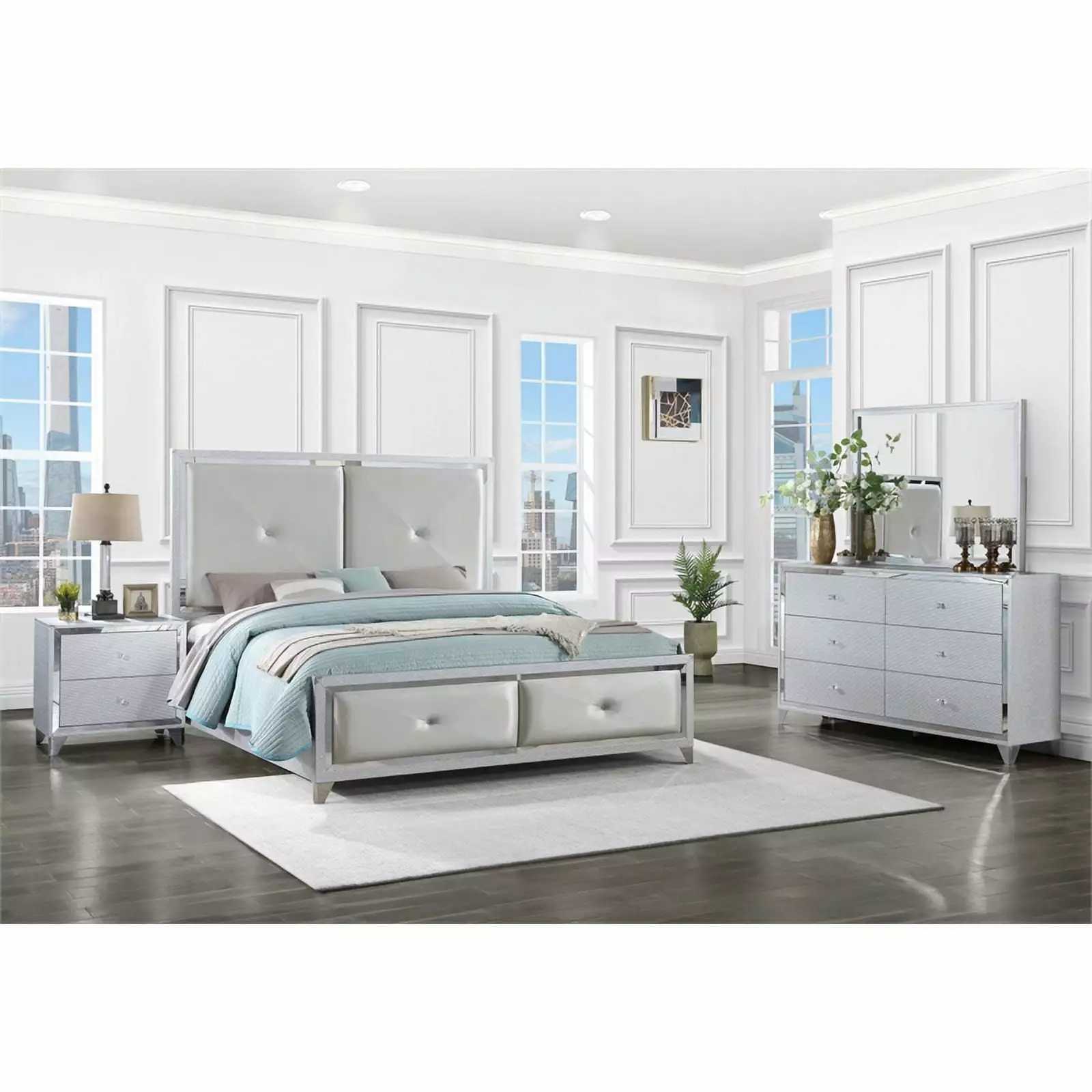 Maklaine 4-piece Modern Wood Tufted Eastern King Bedroom Set Silver