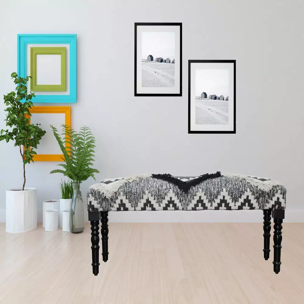 LR Home Geometric Tufted Cotton Indoor Bench Black and White Benches