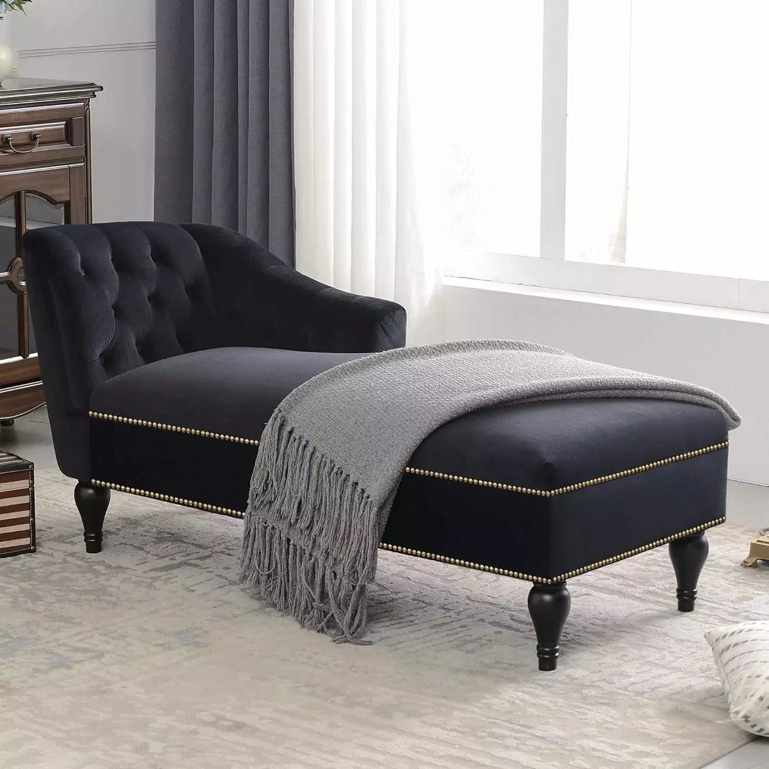 Button Tufted Velvet Chaise Lounge Nailhead Trim & Solid Wood Legs - Right Arm Facing Lounge Chair Living Room Office Chai...