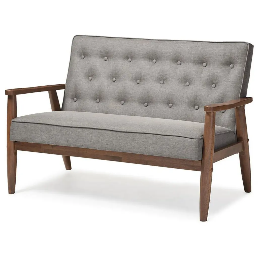 Pemberly Row Faux Leather Tufted Loveseat Gray and Walnut