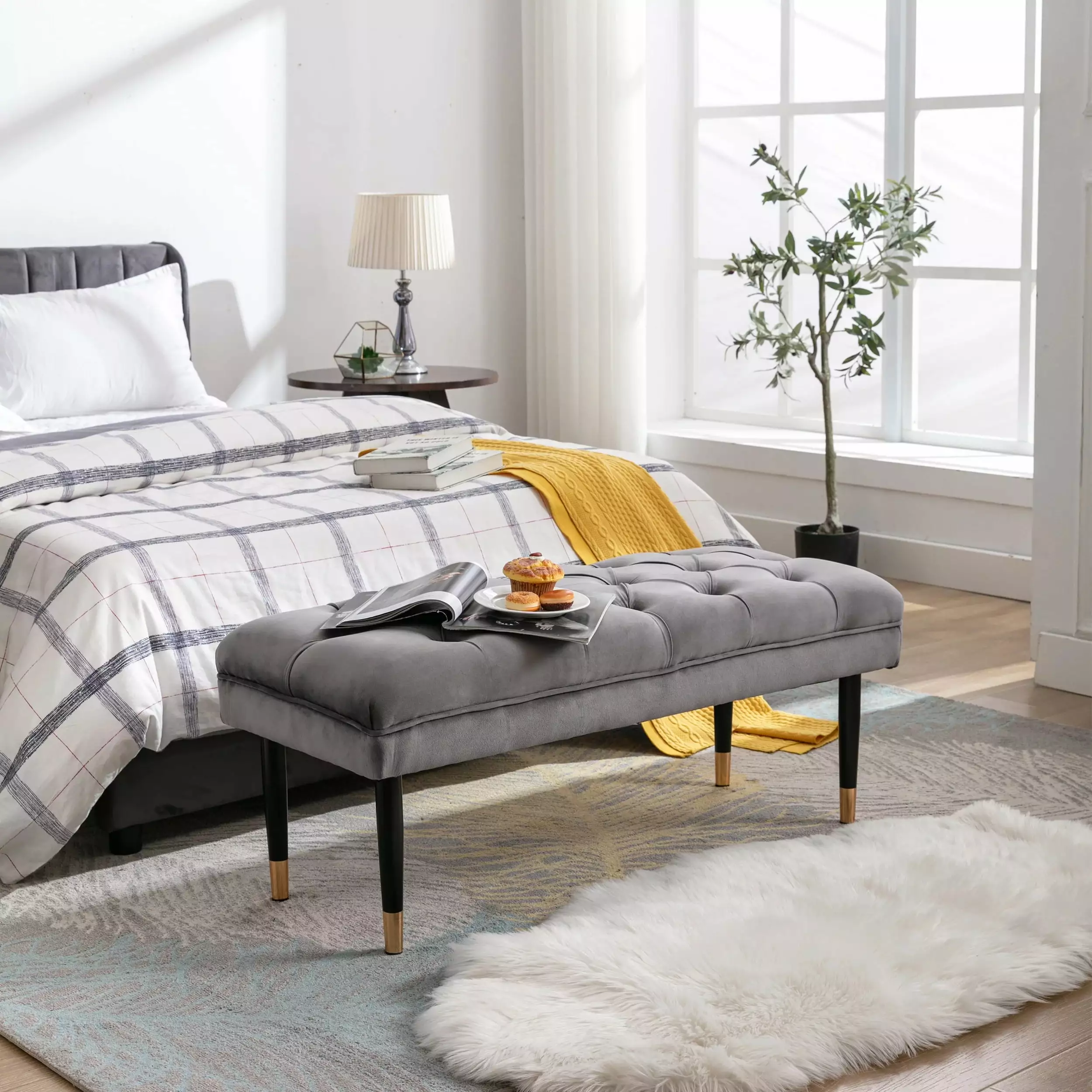Tufted Bench Modern Velvet Button Upholstered Ottoman - Grey - Stylish Footstool Metal Legs Ottomans unknown