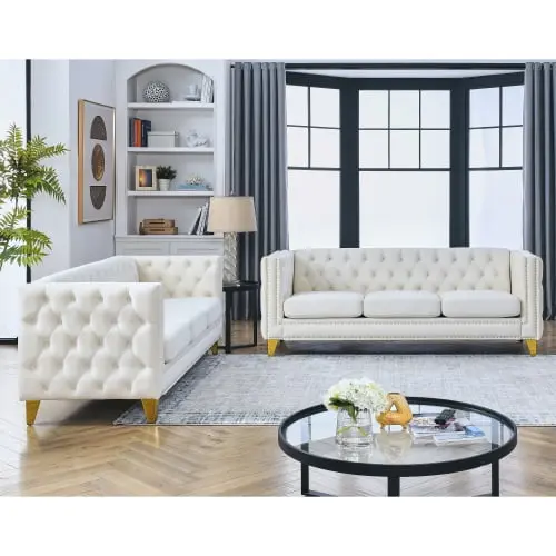 Goldmeet Velvet Sofa Living Room - Buttons Tufted Square Arm Couch Metal Legs - Beige Velvet 2-Piece Set