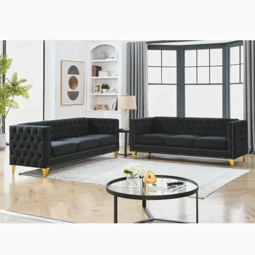 Goldmeet Velvet Sofa Living Room - Buttons Tufted Square Arm Couch Metal Legs - Black Velvet 2-Piece Set