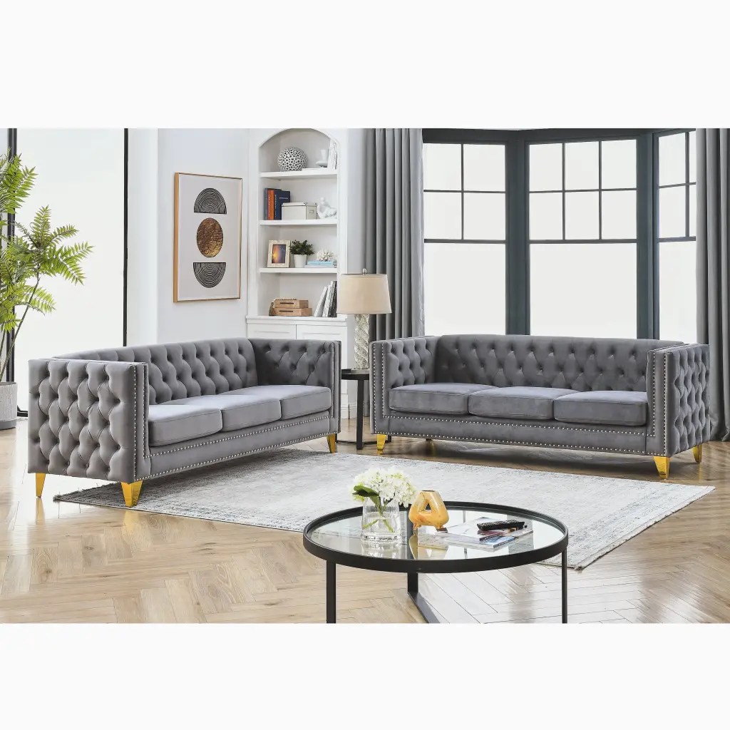 Homiyad Velvet Sofa Living Room - Buttons Tufted Square Arm Couch Metal Legs - Grey Velvet 2-Piece Set