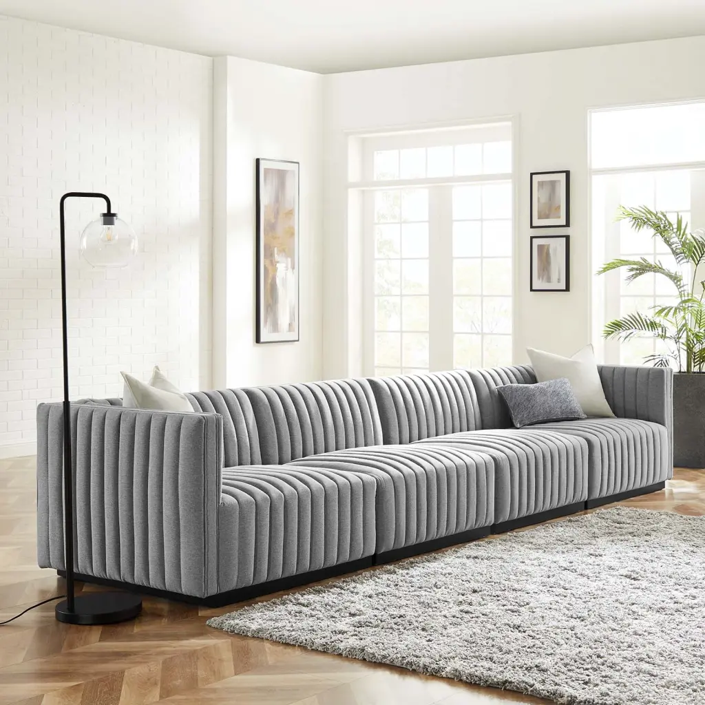 Modway Conjure Channel Tufted Upholstered Fabric 4-Piece Sofa Black Light Gray - Mid-Century Modern Sofa