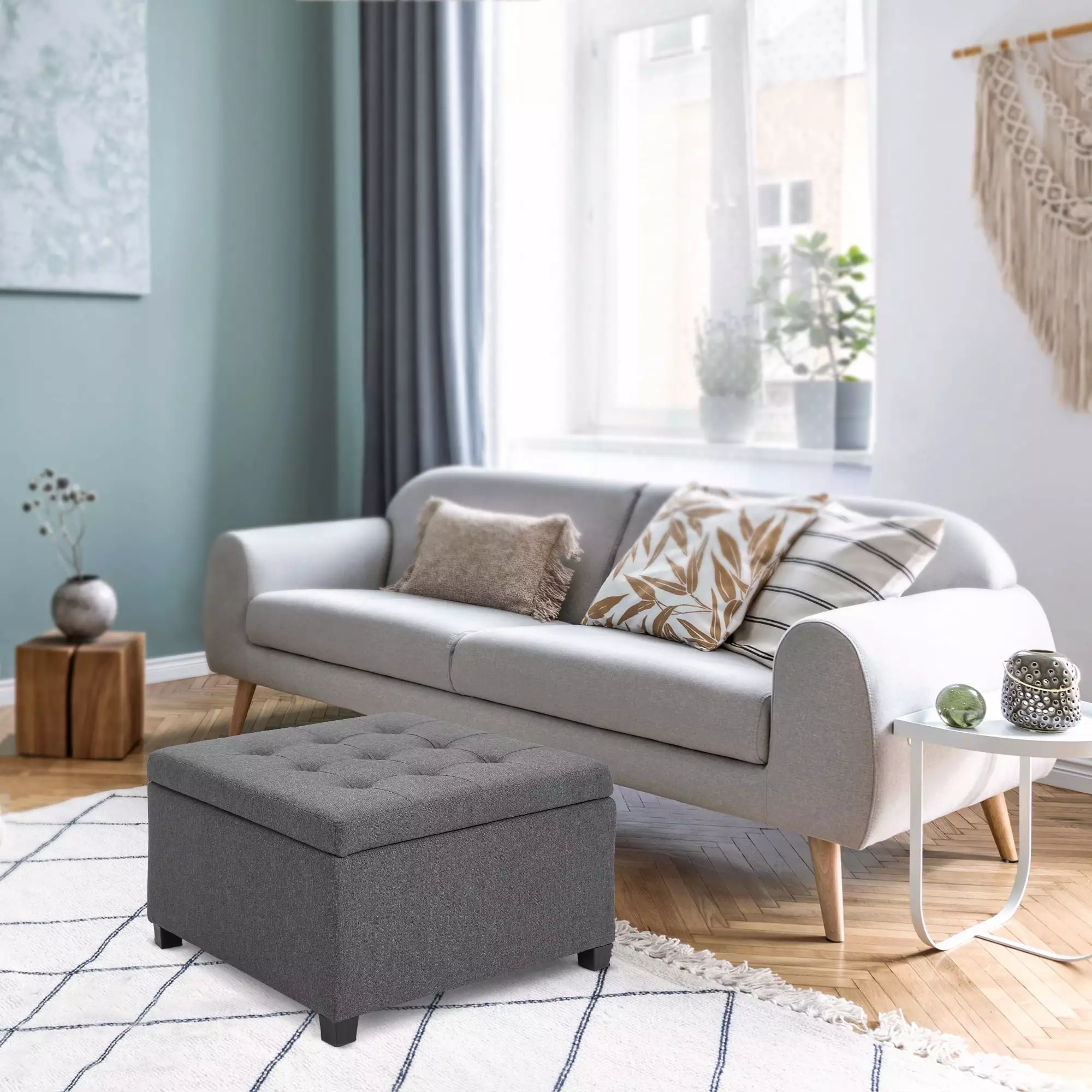 HOMCOM Fabric Tufted Storage Ottoman Flip Top Living Room Bedroom Ottomans