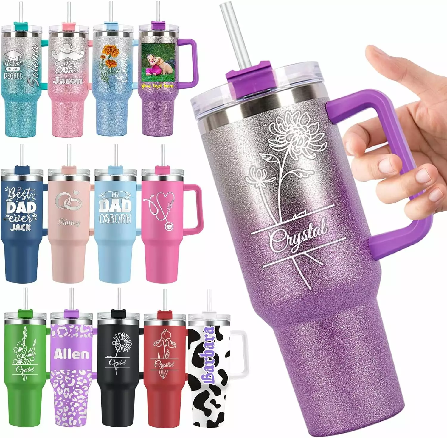 Personalized 40 Oz Tumbler Handle and Straw Custom Engraved Stainless Steel Insulated Cup Birth Flower Gradient Purple Gif...